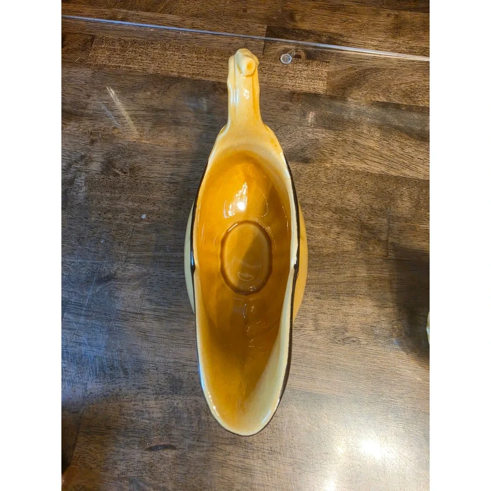 Vintage Yellow Ceramic Gravy Boat with Brown Scalloped Rim Pedestal Base 32